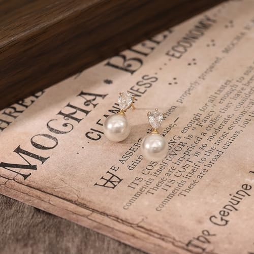 Pearl Earrings for Women, Dainty Wedding Bridal Earrings 14k Gold Plated CZ Pearl Drop Earrings for Women Trendy Hypoallergenic Unique Gold Drop Earrings Fashion Prom Jewelry - color: Gold-A