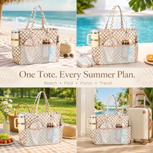 Bluboon Waterproof Beach Tote Pool Bags for Women Ladies Extra Large Carry On Bag With Wet Compartment for Weekender Travel - color: Dark Brown Checkered