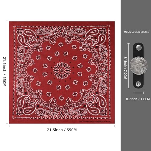 Western Bandana Scarf With Vintage Coin Buckle, Paisley Pattern Neck Scarf for Men Pocket Square Cowboy Scarves - color: Wine Red