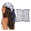 AWAYTR 27.5” Square Satin Head Scarf Hair Scarf for Women's Hair Silk Bandana for Women Silk Head Wrap for Sleeping - color: Flower (Dark Blue + White)