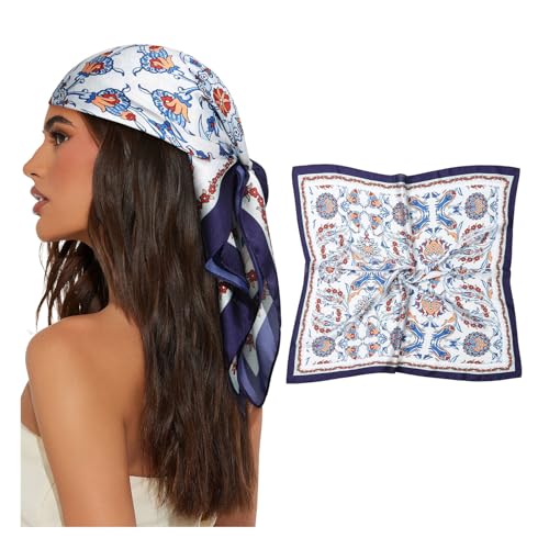 AWAYTR 27.5” Square Satin Head Scarf Hair Scarf for Women's Hair Silk Bandana for Women Silk Head Wrap for Sleeping - color: Flower (Dark Blue + White)