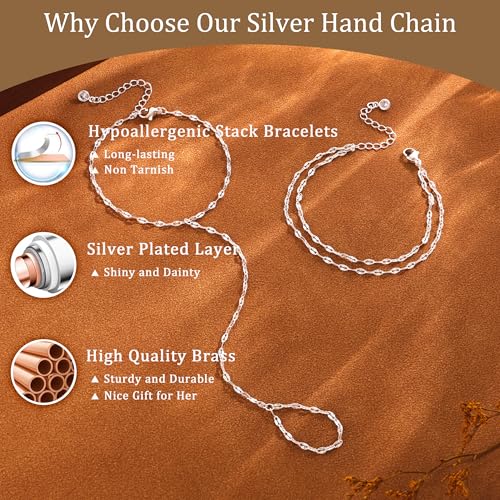 CHESKY Silver Hand Chain Bracelets for Women Set - Dainty Silver Plated Finger Ring Bracelet Stack Adjustable Hand Chains Durable Beaded Bracelets Trendy Simple Jewelry Gift for Women - style: lips bracelet-silver