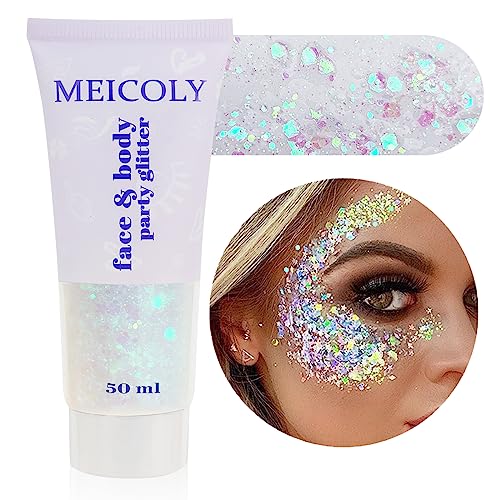 MEICOLY Clear White Face Body Glitter,Mardi Gras Face Glitter Makeup for Kids Women,Face Glitter for Running Half Marathon,Sparkly Mermaid Hair Glitter,Singer Concert Festival Rave Accessories - color: white body glitter