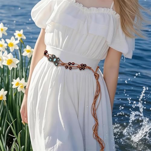 Boho Flower Wooden Bead Waist Belt, Vintage Woven Body Chain, Adjustable Cord Jewelry for Jeans Dress & Beach Wear - color: Blue2