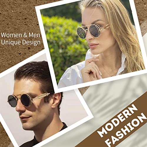 FEISEDY Aviator Sunglasses for Men Women, Retro Steampunk Gothic Round Metal Frame Hippie Glasses B2351 - color: Silver Frame With Gray Lens and Silver Leg
