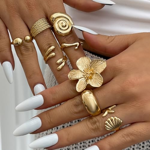 Chunky Gold Rings for Women Non Tarnish Boho Stackable Rings Set Adjustable Open Joint Finger Midi Knuckle Ring Packs - color: Gold Chunky Starfish Rings 8Pcs