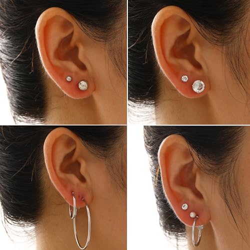 FAXHION 68 Pcs Gold Jewelry Set for Women with 7 Necklace, 17 Bracelet, 5 Hoop Earrings, 15 Stud Earrings, 24 Knuckle Rings for Women Jewelry Set for Women Gift - color: silver jewelry set