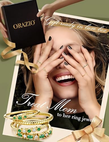 ORAZIO 14K Gold Plated Stackable Rings for Women Non Tarnish Dainty Cubic Zirconia Wedding Engagement Bands Ring Set Minimalist Trendy Statement Anniversary Promise Thumb Stacking Rings Size 6-10 - color: Green CZ-Gold Tone
