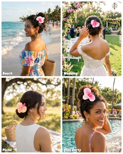 WELROG 3 Pack Hawaiian Orchid Flower Hair Pins,Metal Hair Sticks for Beach Vacation,Non-Slip Fork for Thick Hair Updo - color: Pink1+Pink2+Orange