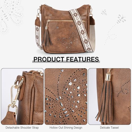 KITEVIUN Medium Crossbody Bags for Women Trendy, Women's Butterfly Shoulder Handbags with Tassel - color: 005-brown