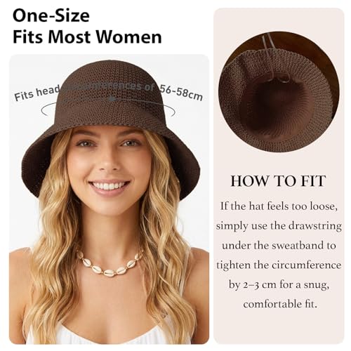 Straw Bucket Hat for Women Foldable Summer Beach Sun Hats Wide Brim Crochet Floppy Hat for Vacation Travel Shade & Style - color: Coffee-a