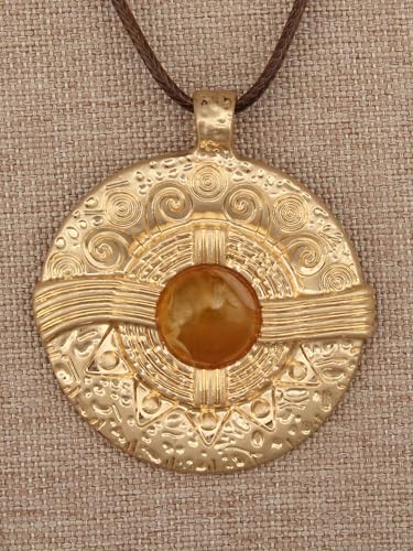 Kelake Leather Necklace for Women Men Teen Vinatge Boho Alloy Pendant Choker Jewelry Fashion Sweater Necklaces with Adjustable Genuine Leather Chain - color: Brown Jade Aztec-Style Gold Pendant