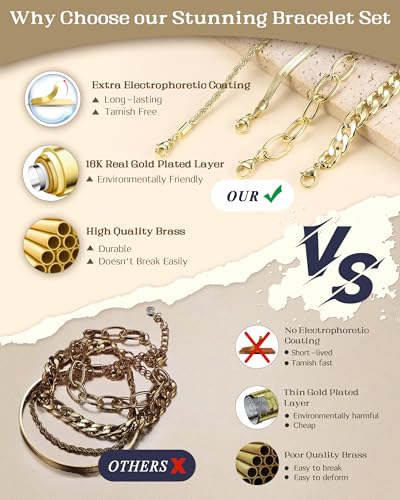 TEN MIRO 16k Chunky Gold Plated Bracelets for Women Non Tarnish, Womens Gold Plated Bracelets Stack Layered Chunky Chain Bracelets Waterproof Bangle Cuff Bracelet Mothers' Day Jewelry Gifts