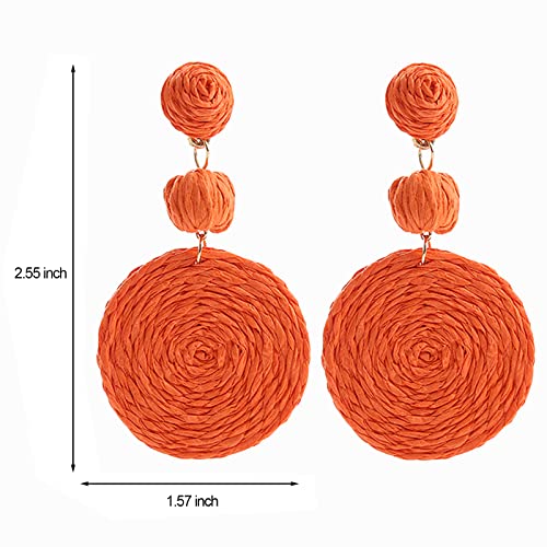 Boho Raffia Ball Earrings for Women, Handmade Statement Drop Earrings Straw Dangle Earrings Beach Vacation Jewelry - color: Orange
