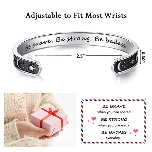 TONY & SANDY Inspirational Bracelets for Women Teen Girls Personalized Gifts for Daughter Granddaughter Mom Sister Friends Stainless Steel Engraved Cuff Birthday Easter Christmas - style: A - Sun & Moon - Be brave be strong be badass