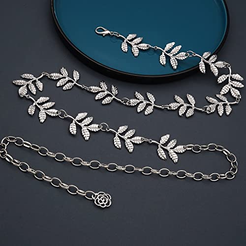 Metal Waist Chain Body Belly Belt Chains Jewelry Accessories for Women - color: Leaf Silver, size: S: 41.3 in