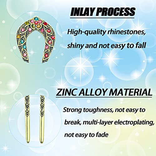 4 Pieces French Hair Pins, Metal U Shaped Hairpins, Vintage Double Prong Hair Forks Stick with Rhinestone Crystal, French Long Hair Hairstyle Accessories for Women