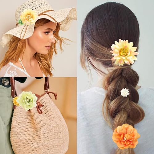 21 Pieces Silk Flower Hair Clip Women Aesthetic Boho Floral Hair Barrettes Handmade Rose Bride Barre Hair Accessories Wedding(Green & Yellow) - color: Green & Yellow