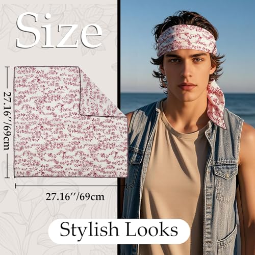 27.16'' Bandanas for Men, Cotton Mens Head Scarf with Flower Pattern Floral Hair Bandana Headband for Daily Casual - color: White Red