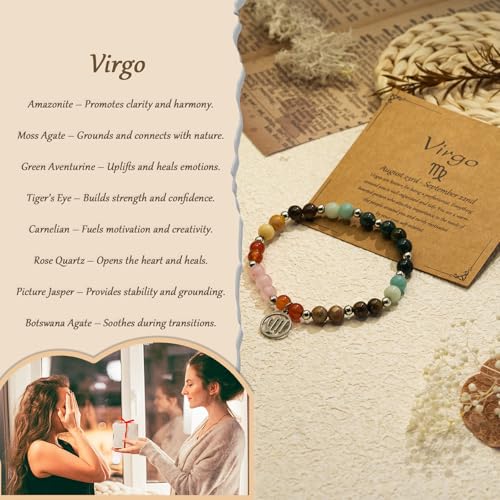 Zodiac Natural Stone Bracelet – Handmade Crystal Healing Bracelet with Zodiac Charm – Adjustable Beaded Jewelry Gift for Women Men Girls - color: Virgo
