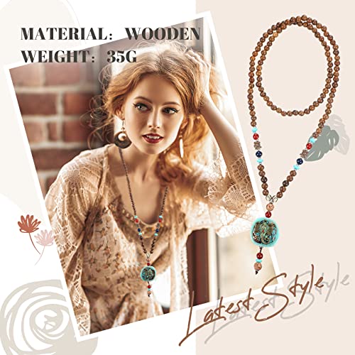 3 Pcs Boho Long Pendant Necklaces for Women Boho Long Wooden Beaded Necklace Handmade Turquoise Fish Elephant Necklace Jewelry with Storage Bag for Women
