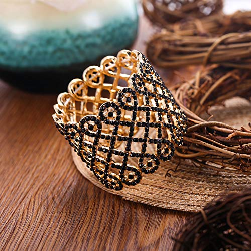 EVER FAITH Art Deco Love Knot Wide Stretch Bridal Bracelet Austrian Crystal - color: Black Gold-Tone