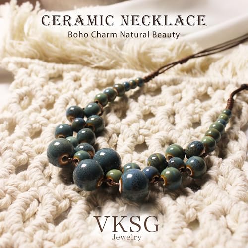 Boho Statement Chunky Necklaces for Women- Handmade Colorful Ceramic Fall Beaded Hippie Jewelry, Adjustable Long Bohemian Necklaces for Casual Wear - color: Blue
