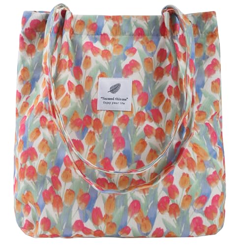 Corduroy Tote Bag for Women Small Canvas Shoulder Purse Cord Handy Bag with Inner Pocket | with Front Pocket - color: 03 Tulip
