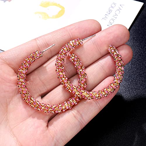 Rhinestone Hoop Earring for Women Sparkly Crystal Wrapped Hoop Dangle Earrings Statement Boho Gold Black Plated CZ Hoop Earring - color: B: Pink