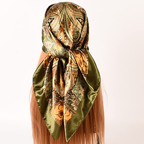 35 x 35 Women's Fashion Pattern Large Square Silk Like Hair Scarf Head Sleeping Wrap Satin Neck Bandana for Gift… - color: Big Cashew Army Green