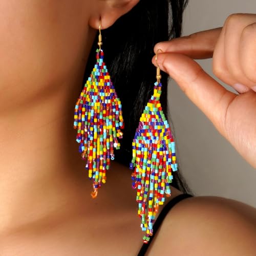 Flower Black Beaded Long Tassel Western Native American Earrings For Women Dangling - color: colorful