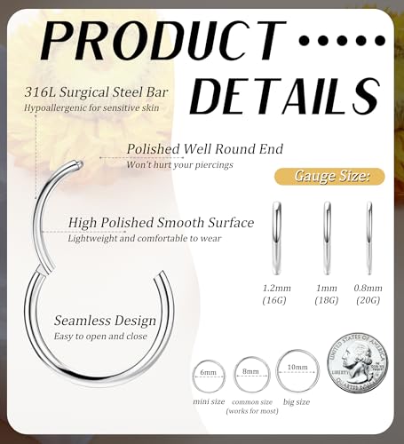 3pcs Nose Rings Hoops - 316L Surgical Steel Nose Hoops 16G/18G/20G CZ Opal Turquoise Clicker Septum Nose Ring Lip Helix Cartilage Hoop Earring Daith Rook Conch Body Piercing Jewelry for Women Men 6mm 8mm 10mm - color: Silver, size: 18 gauge(1.0mm)-6mm