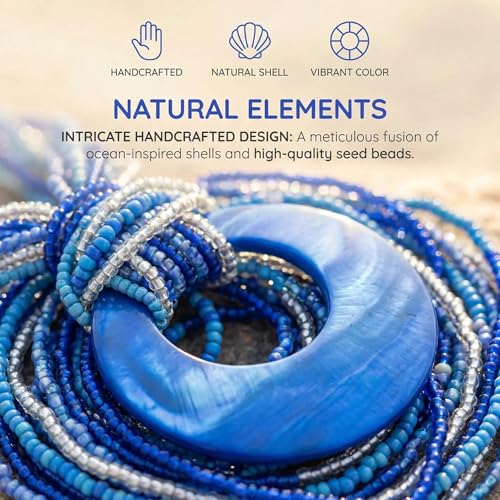 Coiris Multi Strand Statement Colorful Beaded Necklace with Big Circle Shell Pendant for Women - color: Royalblue
