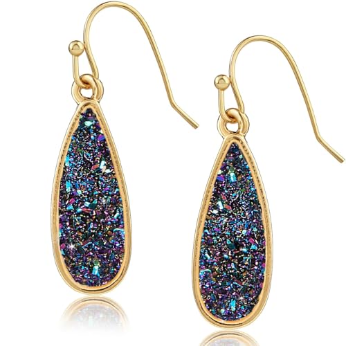 Teardrop Dangle Earrings for Women with Simulated Druzy Stones, in Gold or Rose Gold Tone - color: Gold - Black Created Opal