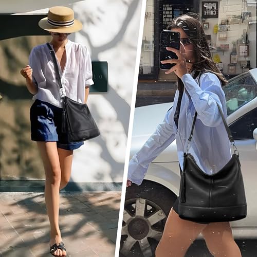 Genuine Leather Hobo Crossbody Bag for Women, Soft Real Leather Bucket, Shoulder Handbag Purse with 2 Removable Strap - color: Black