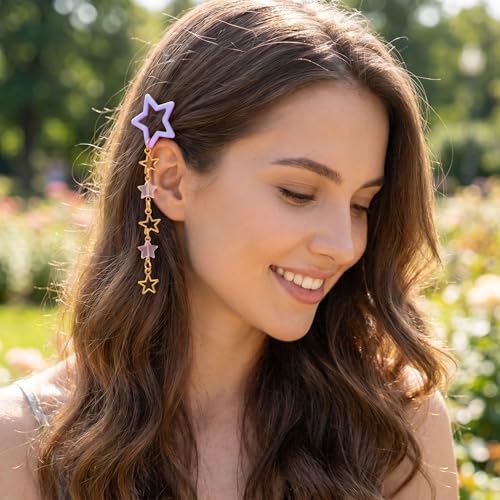 Pndeyo 2pcs Star Tassels Hair Clips for Women, Non-Slip 2000s Y2K Hair Snap Barrettes, Cute Star Beaded Pendant Hair Pin Accessories for Braid Long Short Thin Thick Hair- Purple - color: Purple-2pcs