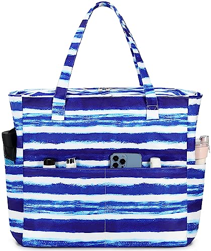 Bluboon Waterproof Beach Tote Pool Bags for Women Ladies Extra Large Carry On Bag With Wet Compartment for Weekender Travel - color: Blue White Stripes