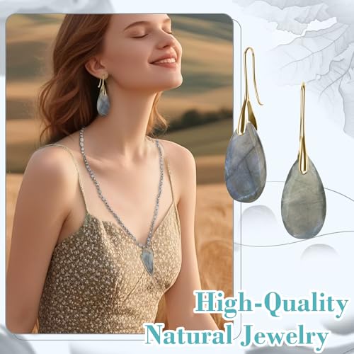 Boho Jewelry Sets for Women | 3 Pcs Natural Amethyst Labradorite Rose Quartz Beaded Long Necklace Wrap Bracelet Dangle Earrings Handmade Vintage - color: Labradorite