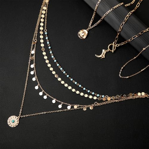 Ferreve 6 Pcs Western Cowgirl Necklace Earring Jewelry Set for Women, Western Cowgirl Layered Chain Necklace Boot Hat Pendant Earring - color: golden, style: Golden, Stylish Style
