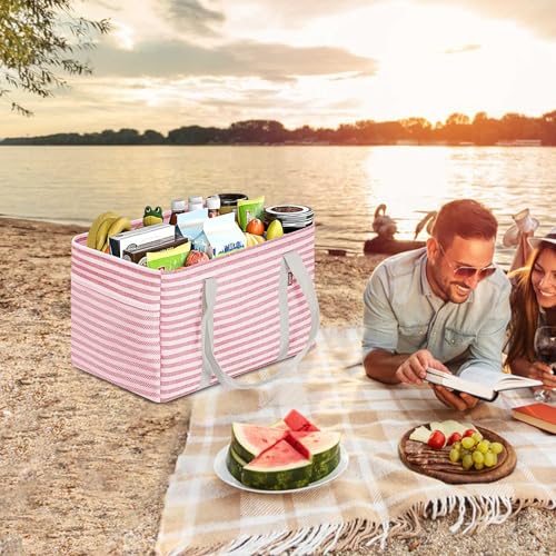 LHZK Standing Utility Tote Bag with Metal Wire Frame and the Sides Rinforced, Large Tote Bag with Handle, Reusable Grocery Bags Foldable, Beach Bag, Car Tote (Pink, 18.5''x11.8''x11.5'') - color: Pink, size: 18.5''x11.8''x11.5''-1 Pack
