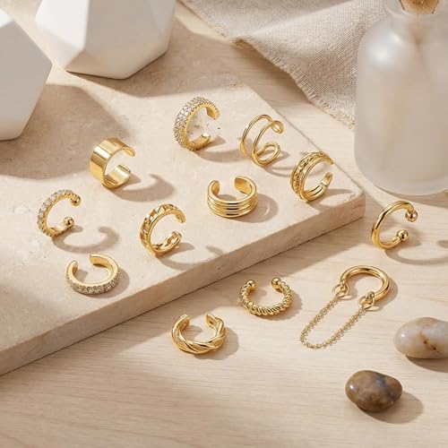 Ear Cuffs Non Piercing 14K Gold Plated Ear Cuff Earrings for Women Trendy Clip on Cartilage Earring Stacks Non Pierced Adjustable Fake Earrings Set Jewelry - color: A5:Gold Ear Cuffs-12Pcs