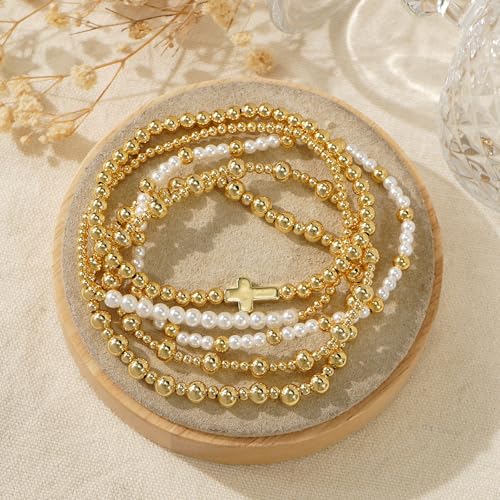 14K Gold Plated Beaded Bracelets Stack Set for Women,Stretch Boho Colorful Beads Ball Jewelry Friendship Summer Trendy - color: Cross