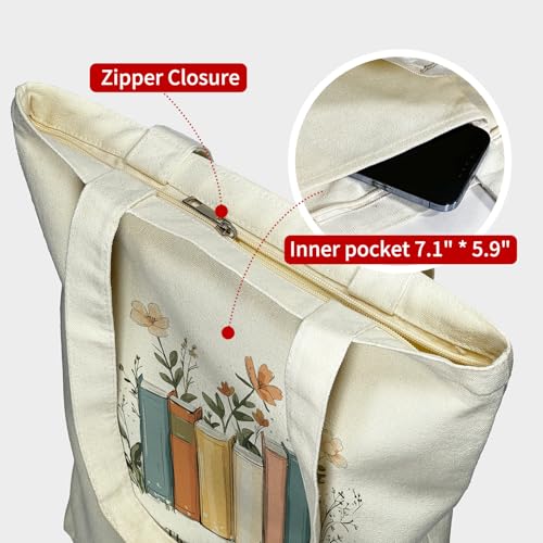 itgowisa Canvas Tote Bag for Women, Tote Bag with Zipper Inner Pocket, Zippered Canvas Bag for Shopping Work Grocery Everyday - style: Bookish