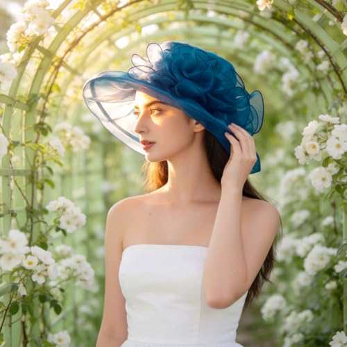 Women's Kentucky Derby Church Dress Hat Wide Brim Leaf Flower Bridal Shower Hat - color: G1-navyblue
