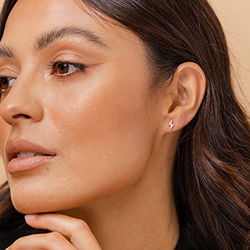 PAVOI 14K Gold Plated Dainty Stud Earrings for Women - 925 Sterling Silver Posts Earrings with Cubic Zirconia - Celestial Lightning Bolt, Moon, Star, and Flower Gold Jewelry Gifts - style: Lightning