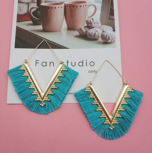 Tassel Hoop Earring Statement Thread Dangle Earrings Stylish Long Fringe Drop Earrings Lightweight Long Swingy French Hook Earrings for Women - color: A Turquoise