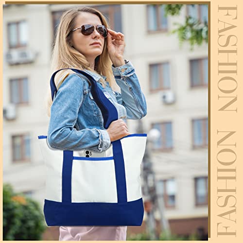 Reginary 16 Pcs Canvas Tote Bags Bulk with Outer Pocket 18 Inch Reusable Shopping Grocery Blank Tote Bag for Women Mother DIY (Blue White) - color: Blue White