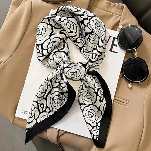 Sumolux Head Hair Scarf for Women Like Satin Silk Scarf Bandana Hair Wrapping Night Large Square Scarves 27.5" - color: Black Camellia