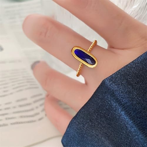 18K Gold Plated Adjustable Twisted Rings for Women Non Tarnish Oval Czech Glass Stone Stainless Steel Statement Rings Open Gemstone Boho Stackable Band Jewelry - color: Royal Blue