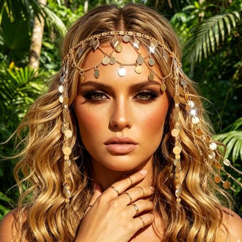 CAKURE Boho Sequin Head Chain Gold Headpiece Chain Forehead Chain Jewelry Festival Halloween Hair Accessories for Women